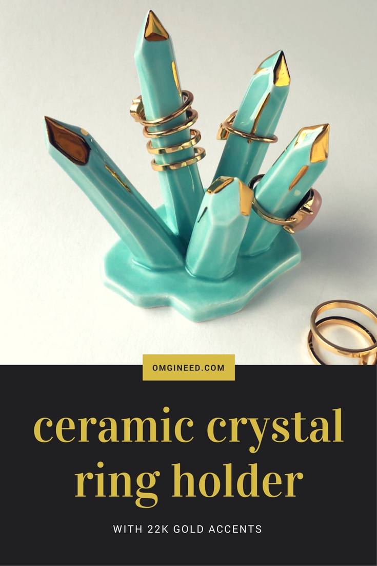Ceramic Crystal Ring Holder with Gold Accents