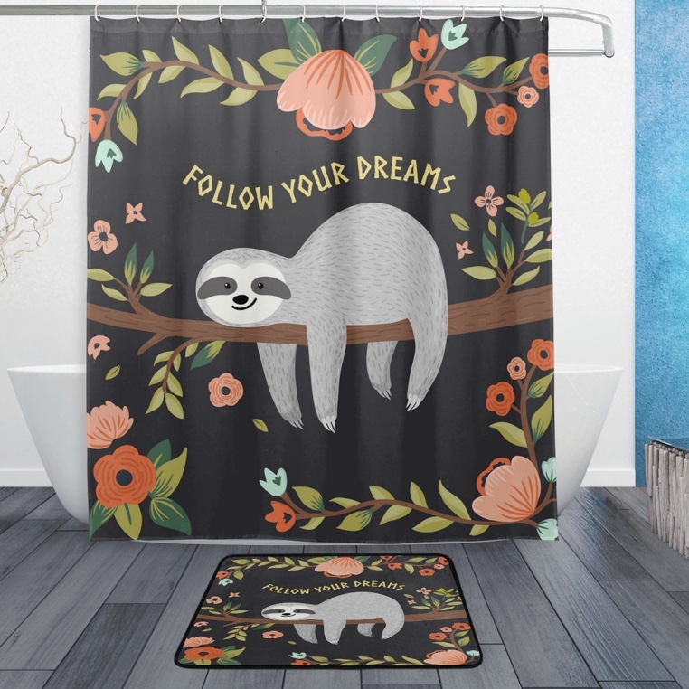 "Follow Your Dreams" Floral Sloth Shower Curtain & Mat Set