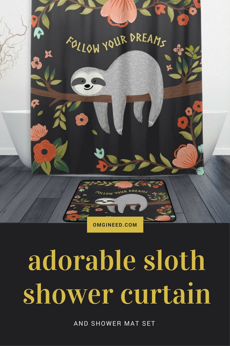 "Follow Your Dreams" Floral Sloth Shower Curtain & Mat Set